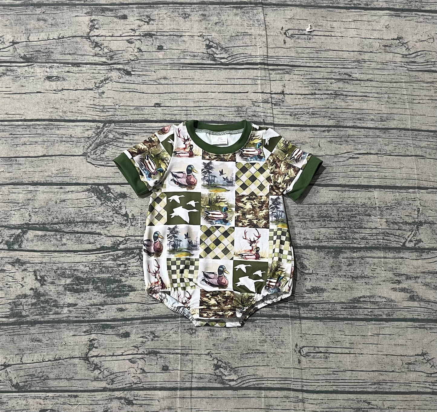 Baby Boys Kids Short Sleeves Ducks Deer Plaid Green Bubble Romper RTS