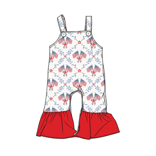 ( Moq 5 ) Preorder Baby Girls Sleeveless Flags Bows Flower 4th of July Jumpsuit