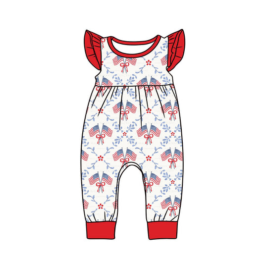 ( Moq 5 ) Preorder Baby Girls Short Sleeves Flags Bows Flower 4th of July Romper