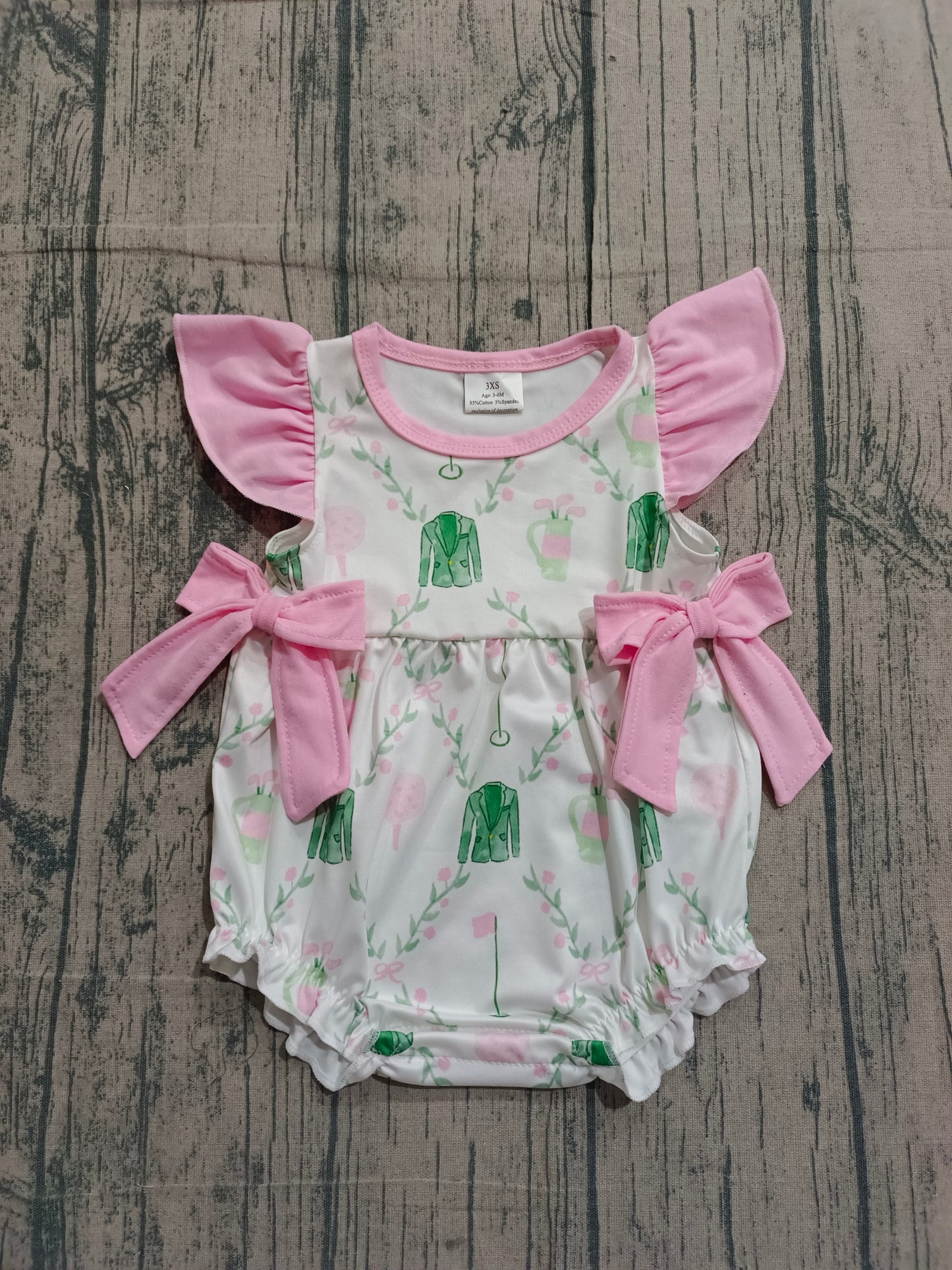 Baby Girls Infant Short Sleeves Golf Floral Pink Bows Bubble Romper RTS