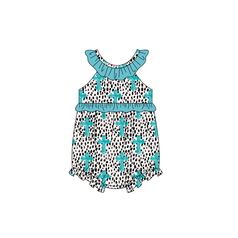( Moq 5 ) Preorder Baby Girls Infant Easter Crosses Dots Green Ruffle Romper