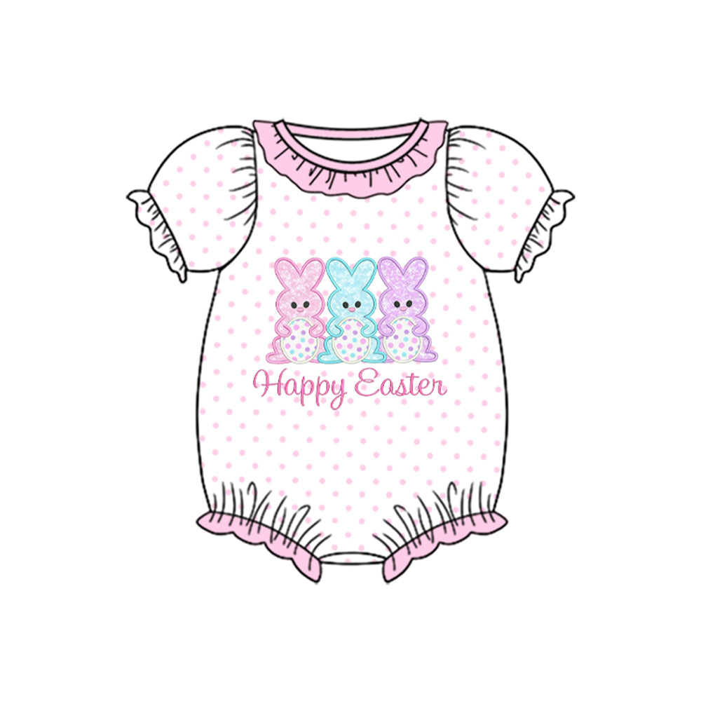 ( Moq 5 ) Preorder Baby Girls Short Sleeves Rabbits Dots Easter Ruffle Romper