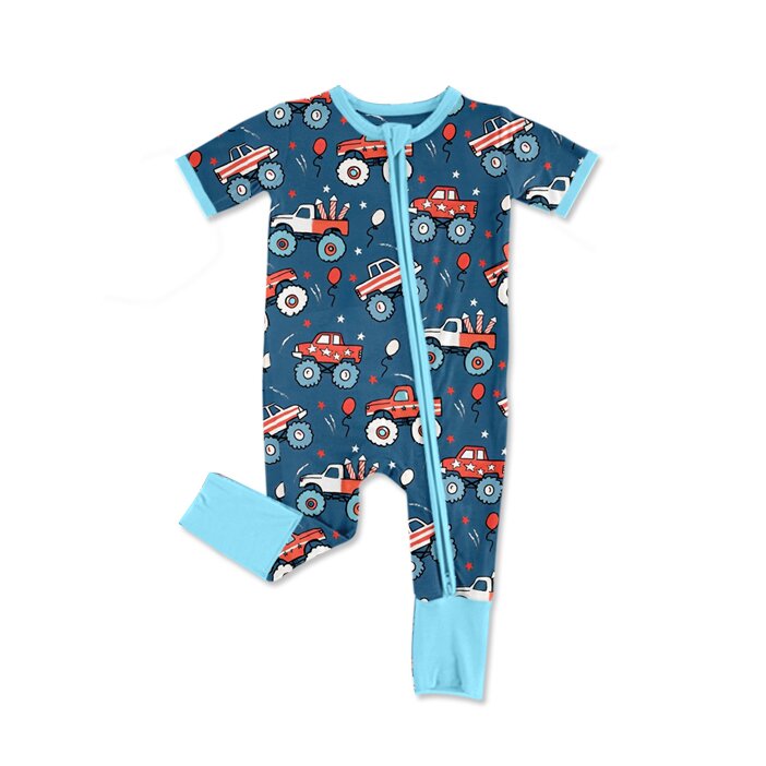 ( Moq 5 ) Preorder Baby Boys Kids Short Sleeves Trucks 4th of July Two-way Zipper Romper