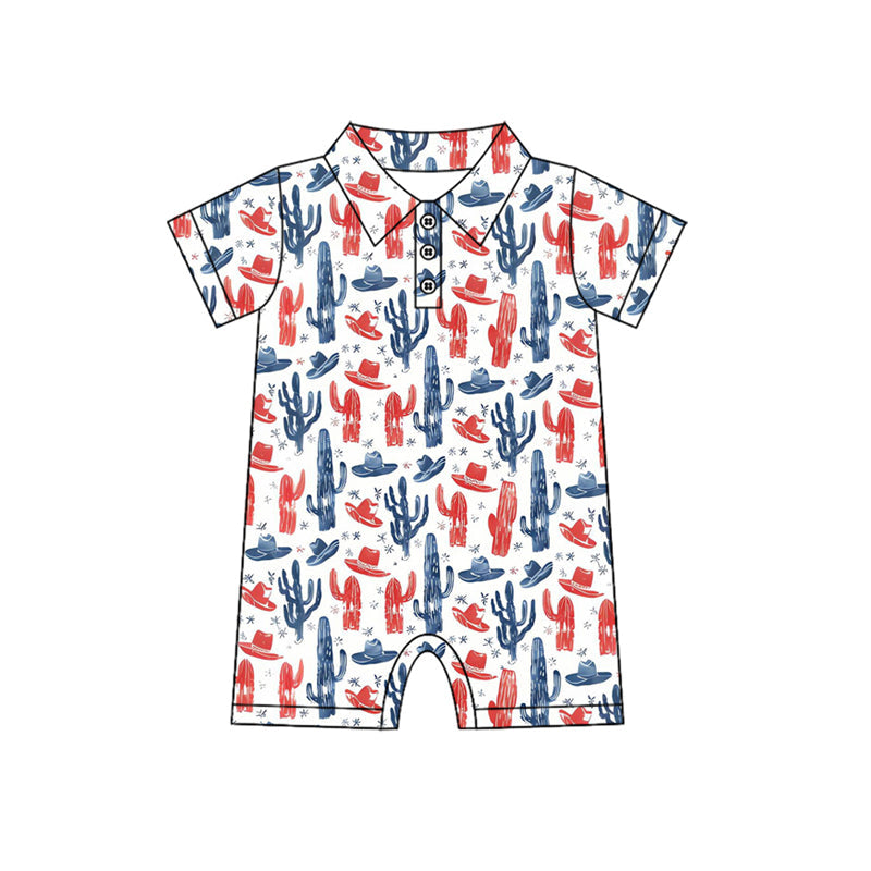 ( Moq 5 ) Preorder Baby Boys Short Sleeves Hats Cactus 4th of July Western Romper