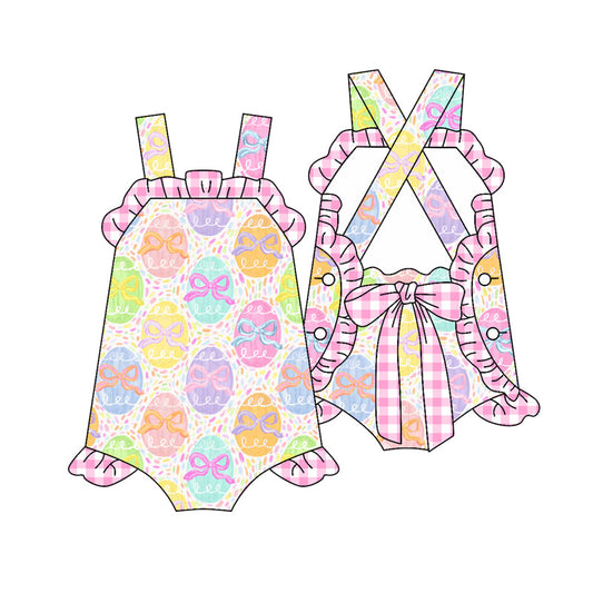( Moq 5 ) Preorder Baby Girls Colorful Eggs Plaid Bows Easter Ruffle Romper
