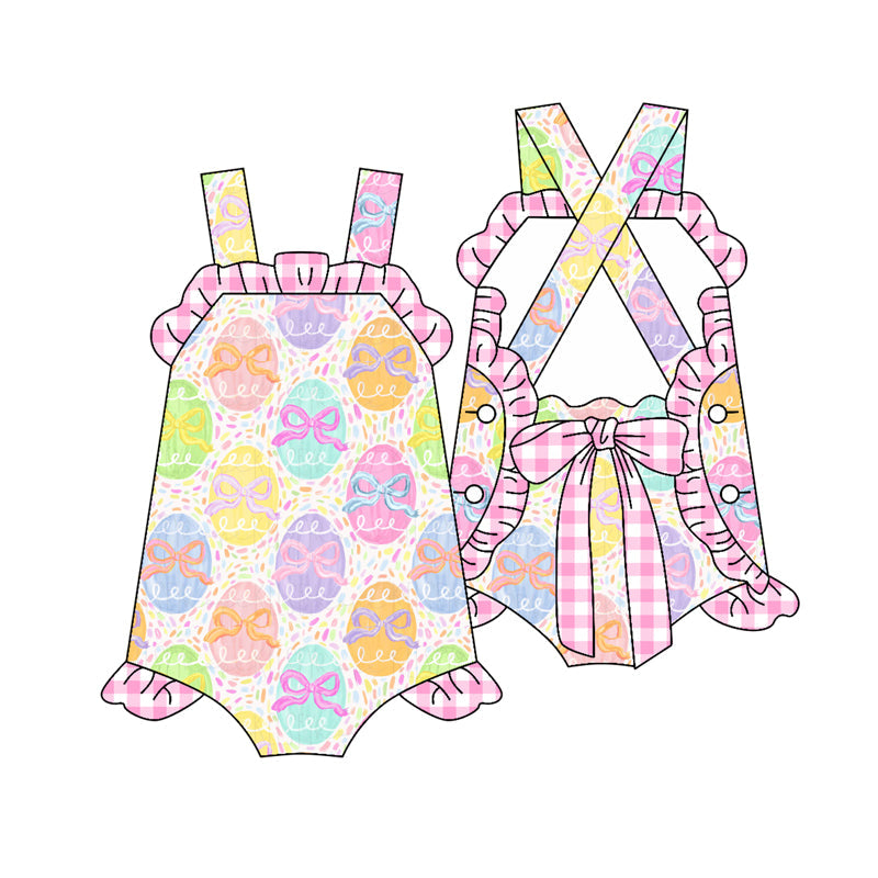 ( Moq 5 ) Preorder Baby Girls Colorful Eggs Plaid Bows Easter Ruffle Romper
