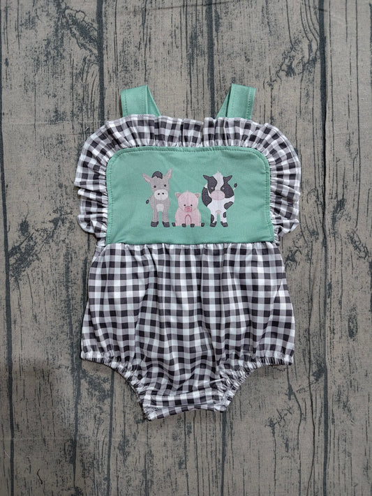( No moq ) Preorder Baby Girls Infant Sleeveless Farm Animals Plaid Ruffle Bubble Romper