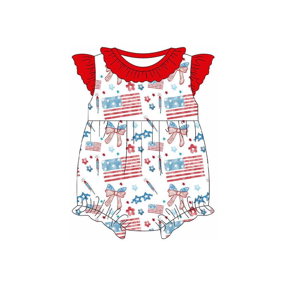 ( Moq 5 ) Preorder Baby Girls Short Sleeves Flags Bows Flowers 4th of July Bubble Romper