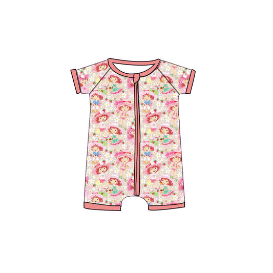 ( Moq 5 ) Preorder Baby Girls Infant Short Sleeves Strawberry Flowers Zipper Romper