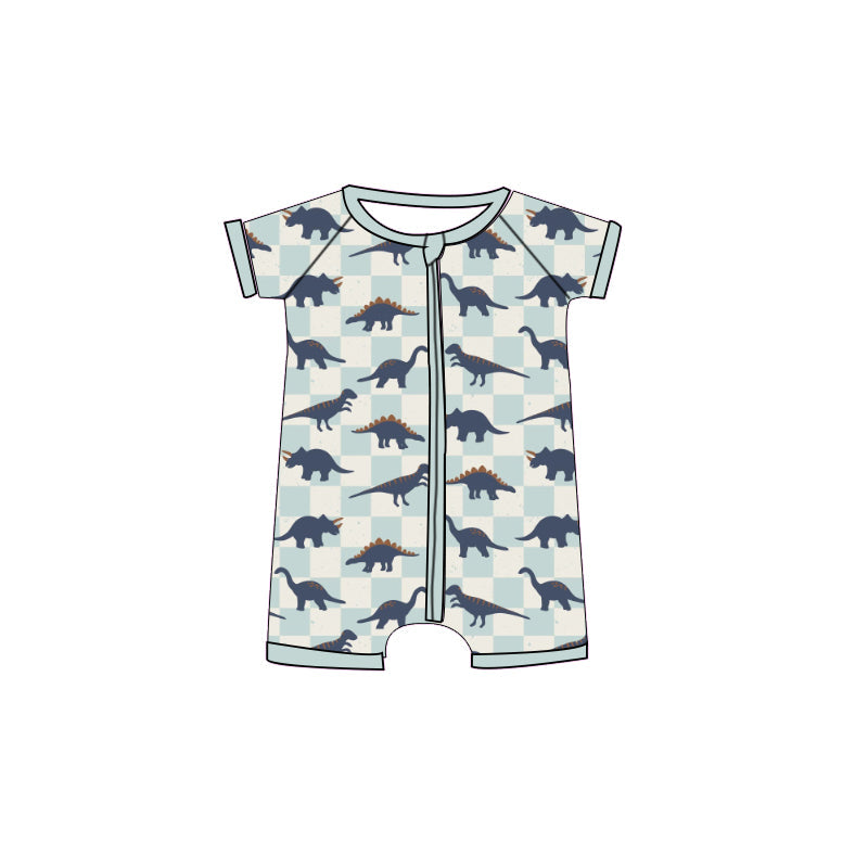 ( Moq 5 ) Preorder Baby Boys Infant Short Sleeves dinosaurs Plaid Summer Zipper Romper