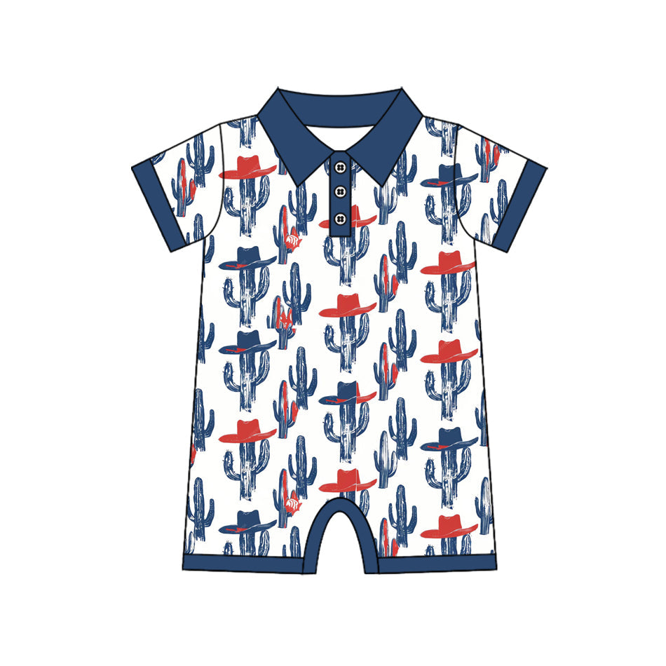 ( Moq 5 )Preorder Baby Boys Short Sleeves Cactus Hats 4th of July Western Buttons Romper