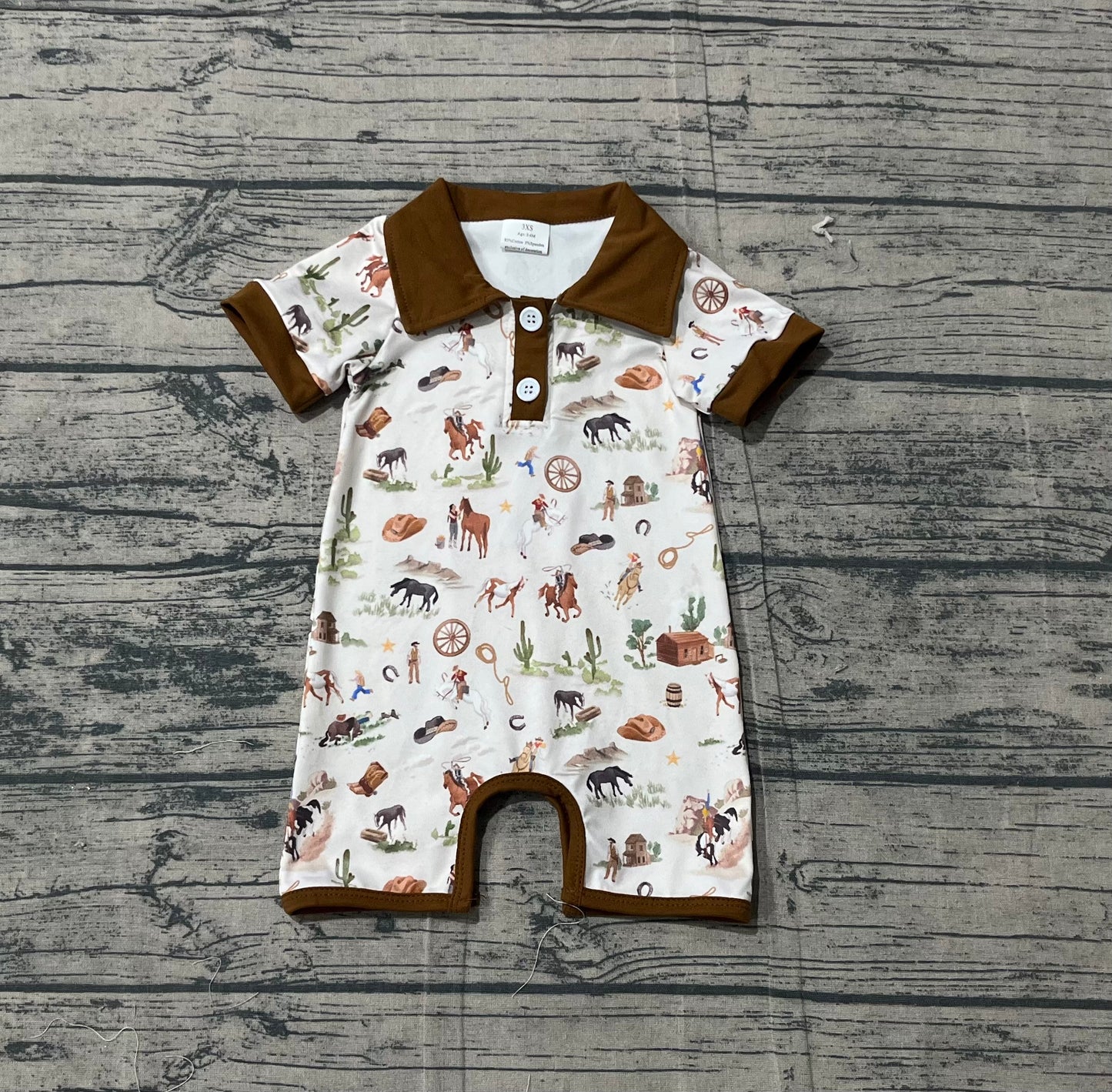 Baby Boys Kids Short Sleeves Western Rodeo Cactus Buttons Brown Romper RTS