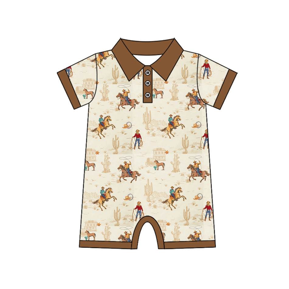 ( Moq 5 )Preorder Baby Boys Infant Short Sleeves Cowboy Cactus Western Buttons Romper