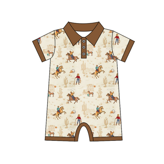 ( Moq 5 )Preorder Baby Boys Infant Short Sleeves Cowboy Cactus Western Buttons Romper