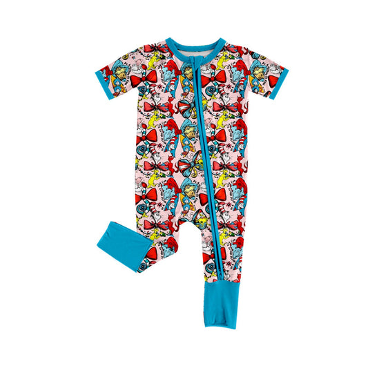 ( Moq 5 ) Baby Girls Infant Short Sleeves Bows Dr Reading Blue Zipper Footie Romper