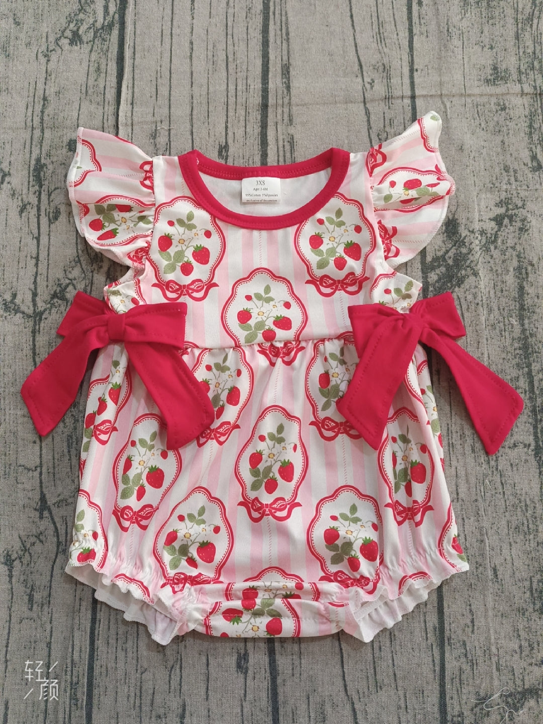 Baby Girls Infant Short Sleeves Strawberry Floral Bows Bubble Romper RTS