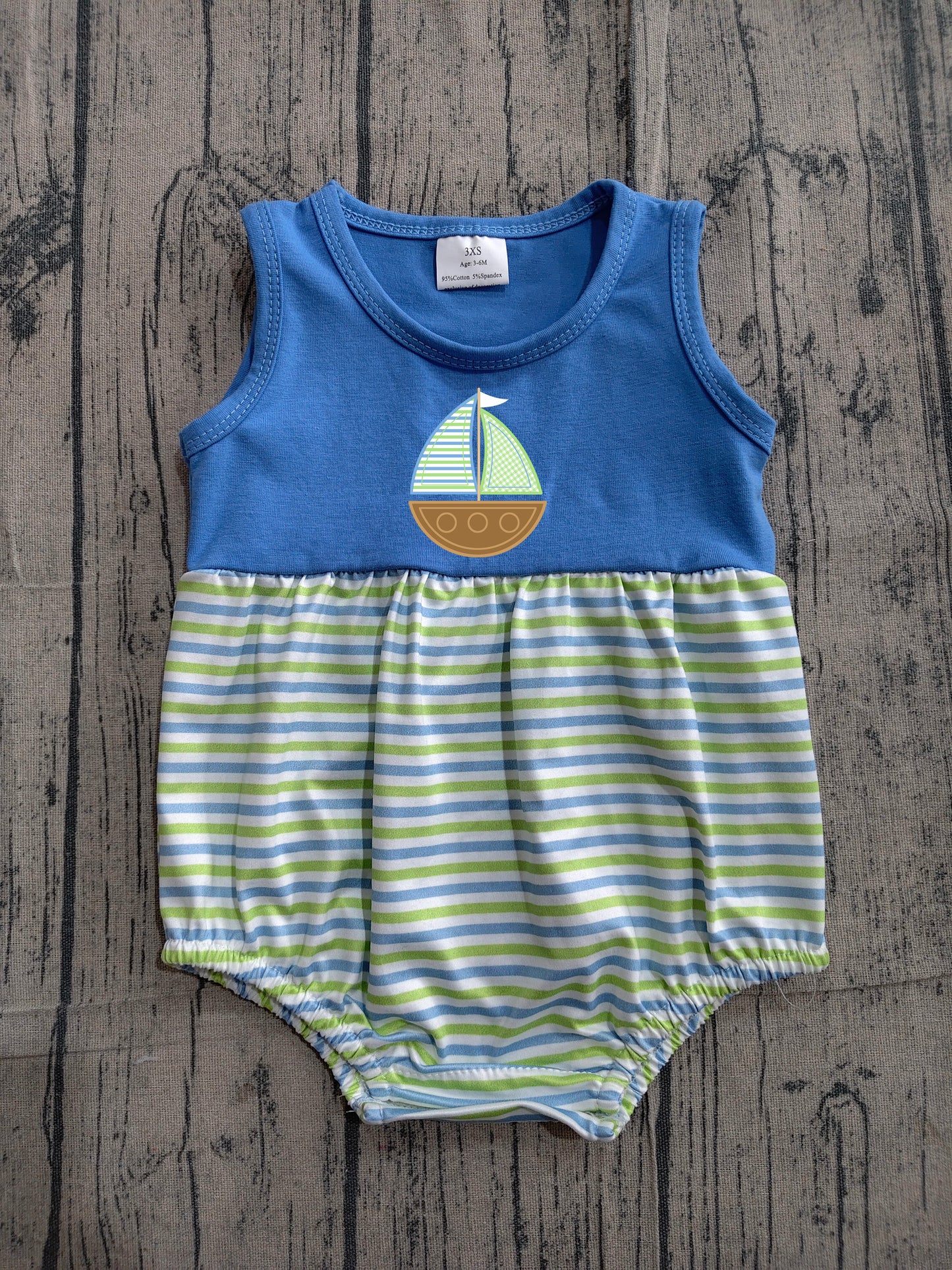 ( No moq ) Preorder Baby Boys Infant Sleeveless Embroidery Boat Stripes Bubble Romper