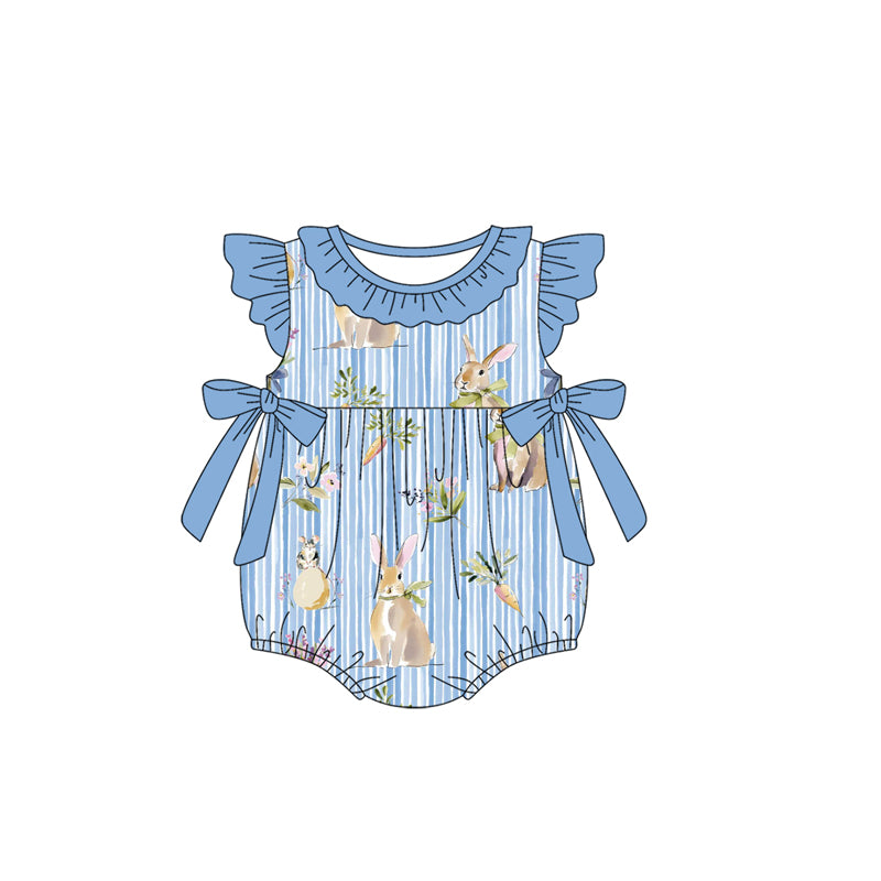 ( Moq 5 ) Preorder Baby Girls Kids Short Sleeves Rabbits Carrots Flower Bows Easter Blue Ruffle Bubble Romper