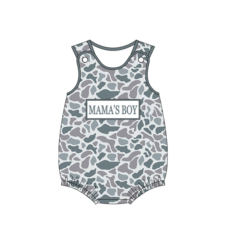 ( Moq 5 ) Preorder Baby Boys Sleeveless Mama's Boy Grey Camo Bubble Romper