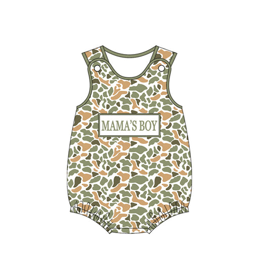 ( Moq 5 ) Preorder Baby Boys Sleeveless Mama's Boy Orange Green Camo Bubble Romper