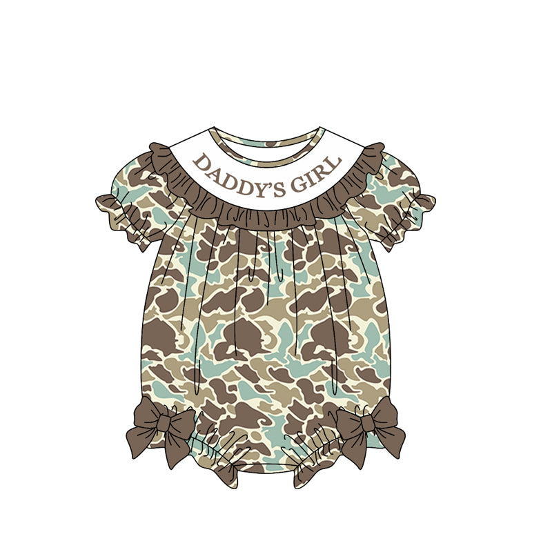 ( Moq 5 ) Preorder Baby Girls Short Sleeves Daddy's Girl Green Brown Camo Bubble Romper