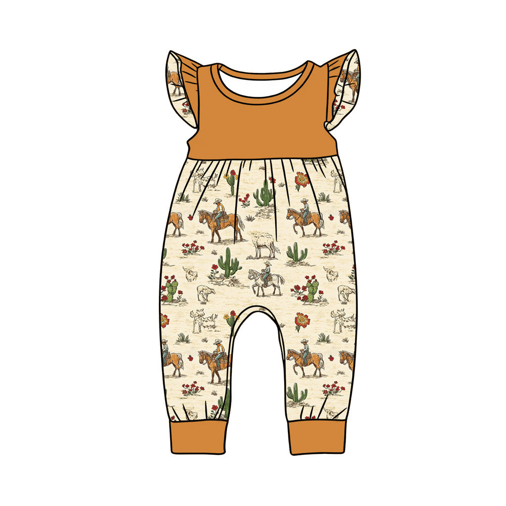 ( Moq 5 ) Preorder Baby Girls Kids Short Sleeves Western Cowboy Cactus Romper