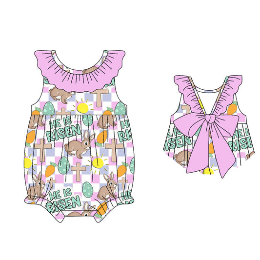 ( Moq 5 ) Preorder Baby Girls Infant Rabbits Eggs Crosses Plaid Easter Ruffle Bubble Romper