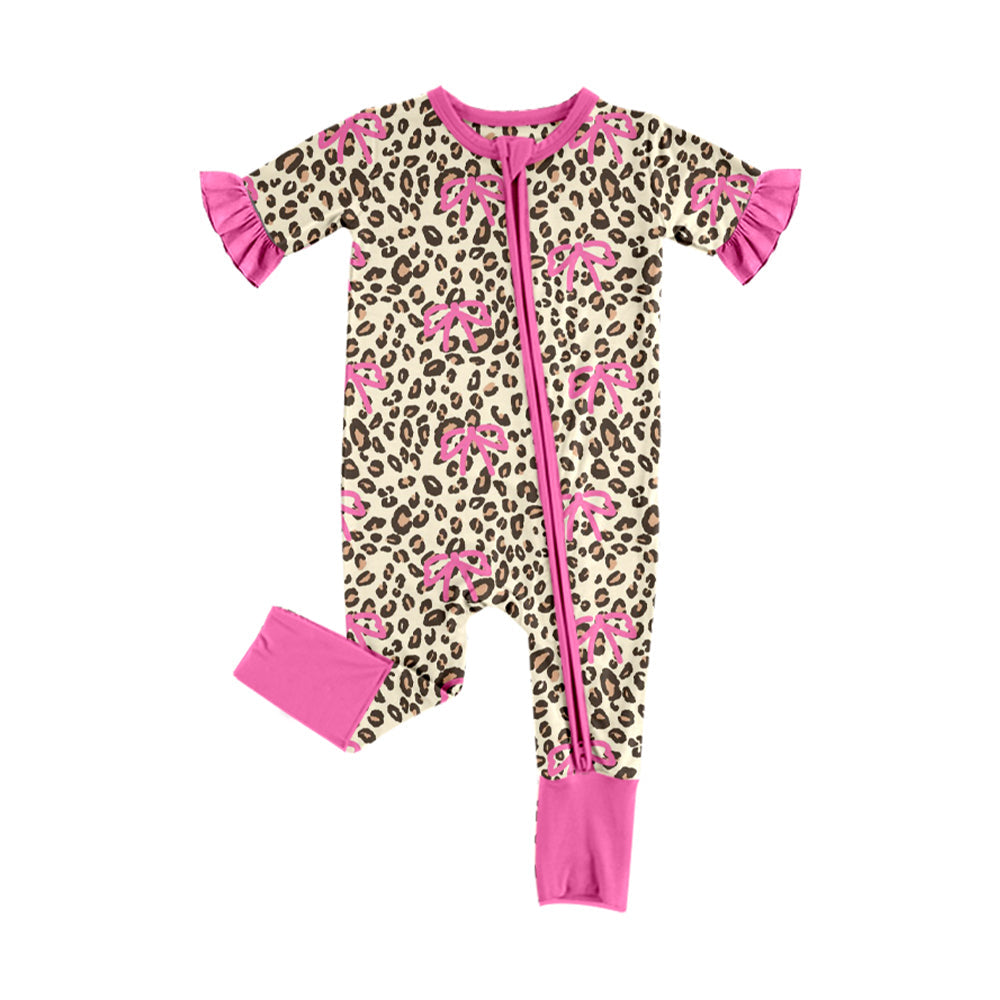 ( Moq 5 ) Preorder Baby Girls Kids Short Sleeves Leopard Bows Zipper Sleeper Romper