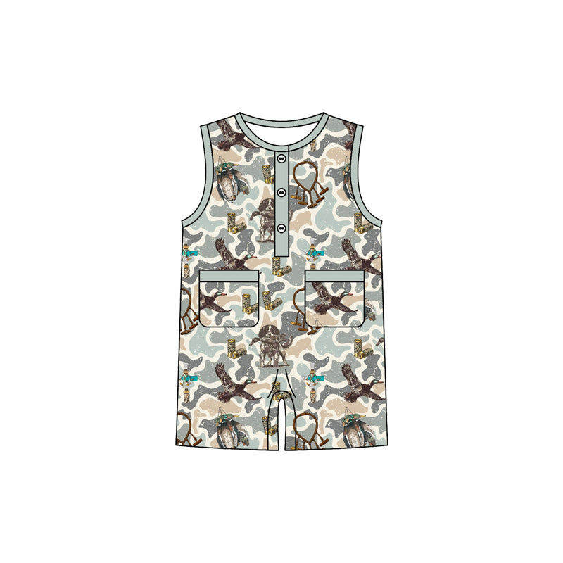 ( Moq 5 ) Preorder Baby Boys Kids Sleeveless Ducks Camo Hunting Green Buttons Romper