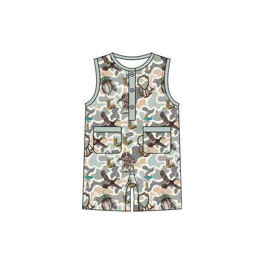 ( Moq 5 ) Preorder Baby Boys Kids Sleeveless Ducks Camo Hunting Green Buttons Romper