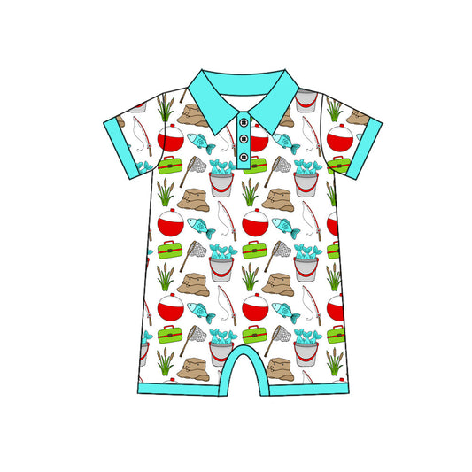 ( Moq 5 ) Preorder Baby Boys Infant Short Sleeves Fishing Buttons Romper