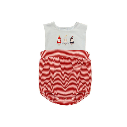 ( Moq 5 ) Preorder Baby Boys Kids Sleeveless Lighthouses Red Stripes Bubble Romper