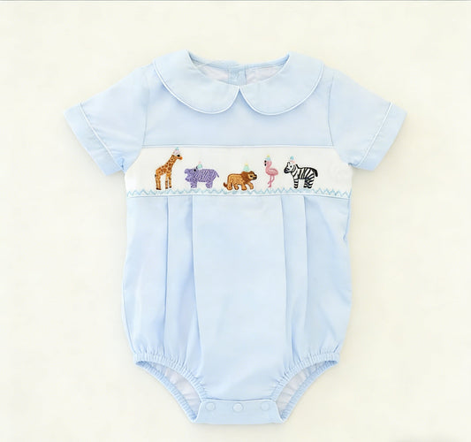 ( Moq 5 ) Preorder Baby Boys Infant Short Sleeves Animals Blue Bubble Romper