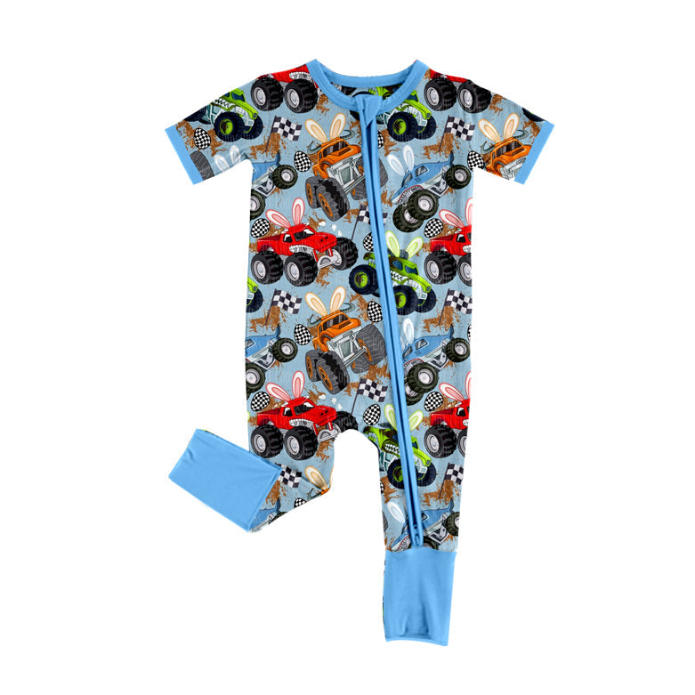 ( Moq 5 ) Preorder Baby Boys Kids Short Sleeves Trucks Rabbits Easter Zipper Sleeper Romper