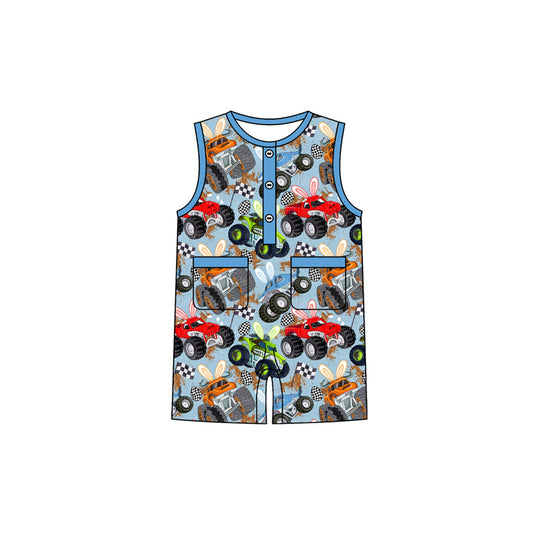 ( Moq 5 ) Preorder Baby Boys Kids Short Sleeves Trucks Rabbits Easter Buttons Pockets Romper