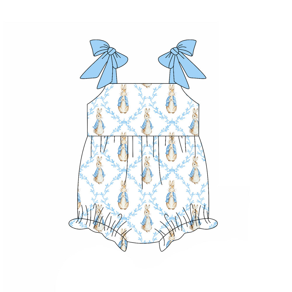 ( Moq 5 ) Preorder Baby Girls Kids Blue Bows Straps Rabbits Easter Bubble Romper