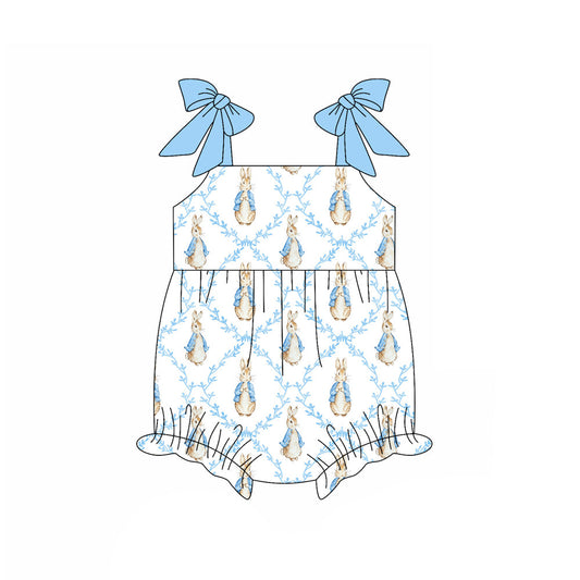 ( Moq 5 ) Preorder Baby Girls Kids Blue Bows Straps Rabbits Easter Bubble Romper
