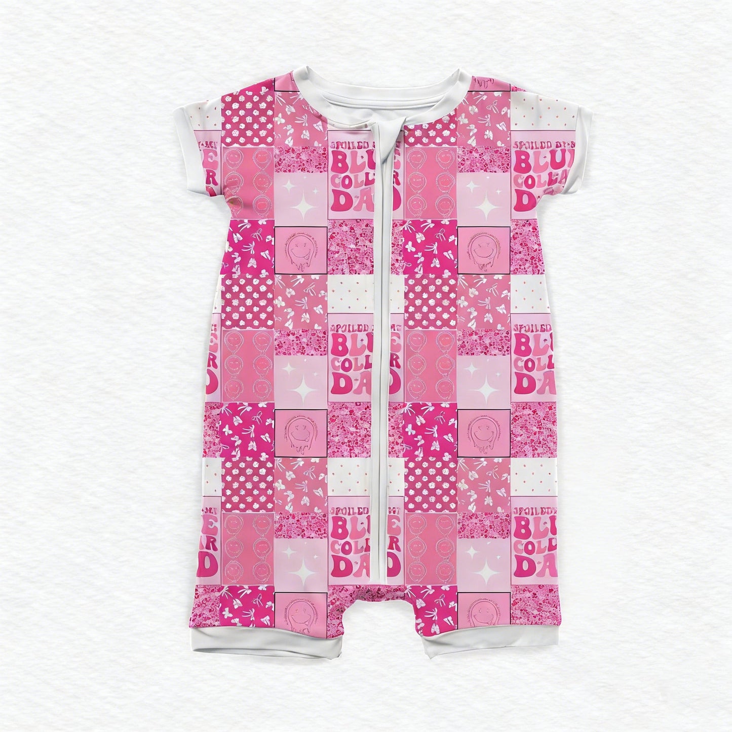 ( Moq 5 ) Preorder Baby Girls Kids Short Sleeves Smile Bows Plaid Zipper Pink Romper