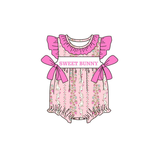 ( Moq 5 ) Preorder Baby Girls Short Sleeves Sweet Bunny Strawberry Pink Bows Easter Bubble Romper