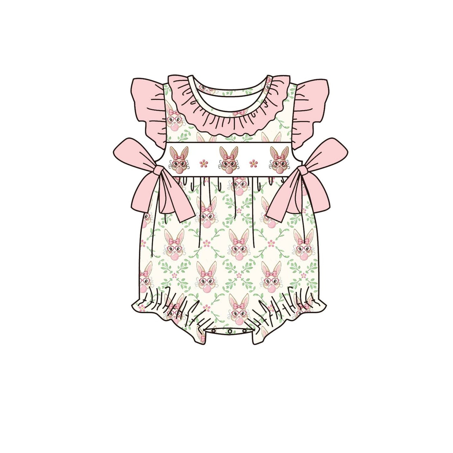 ( Moq 5 ) Preorder Baby Girls Short Sleeves Rabbits Flower Pink Bows Easter Bubble Romper
