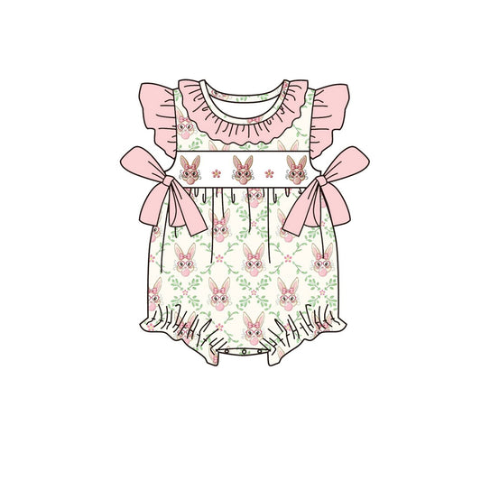 ( Moq 5 ) Preorder Baby Girls Short Sleeves Rabbits Flower Pink Bows Easter Bubble Romper