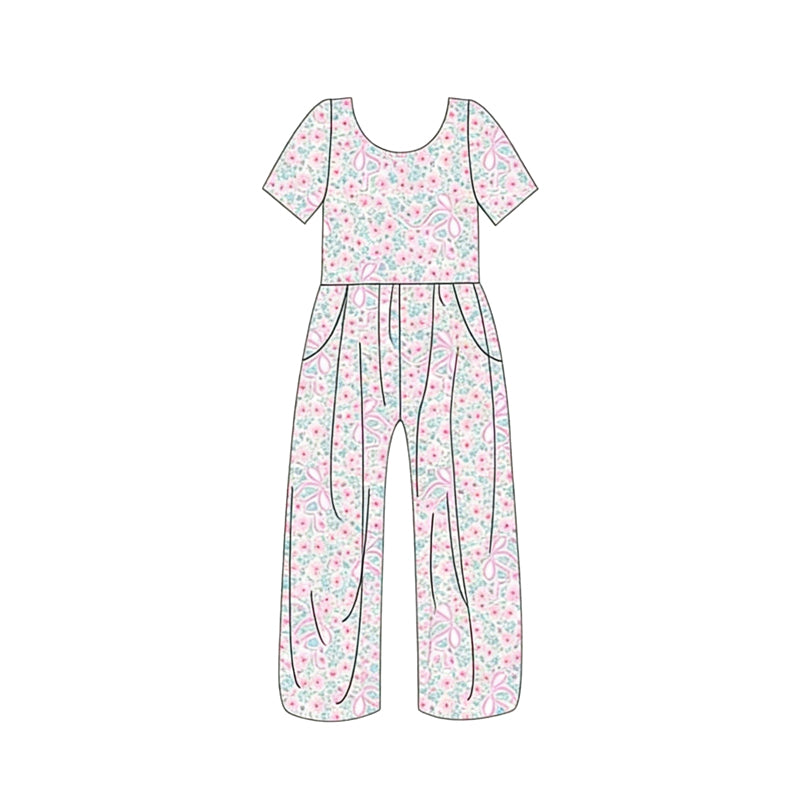 ( Moq 5 ) Preorder Baby Girls Kids Short Sleeves Floral Bows Pockets Pants Jumpsuit
