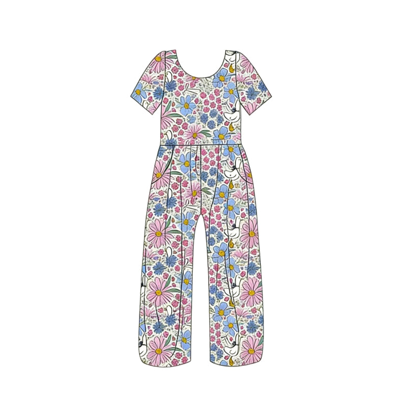 ( Moq 5 ) Preorder Baby Girls Kids Short Sleeves Flower Goose Pockets Pants Jumpsuit