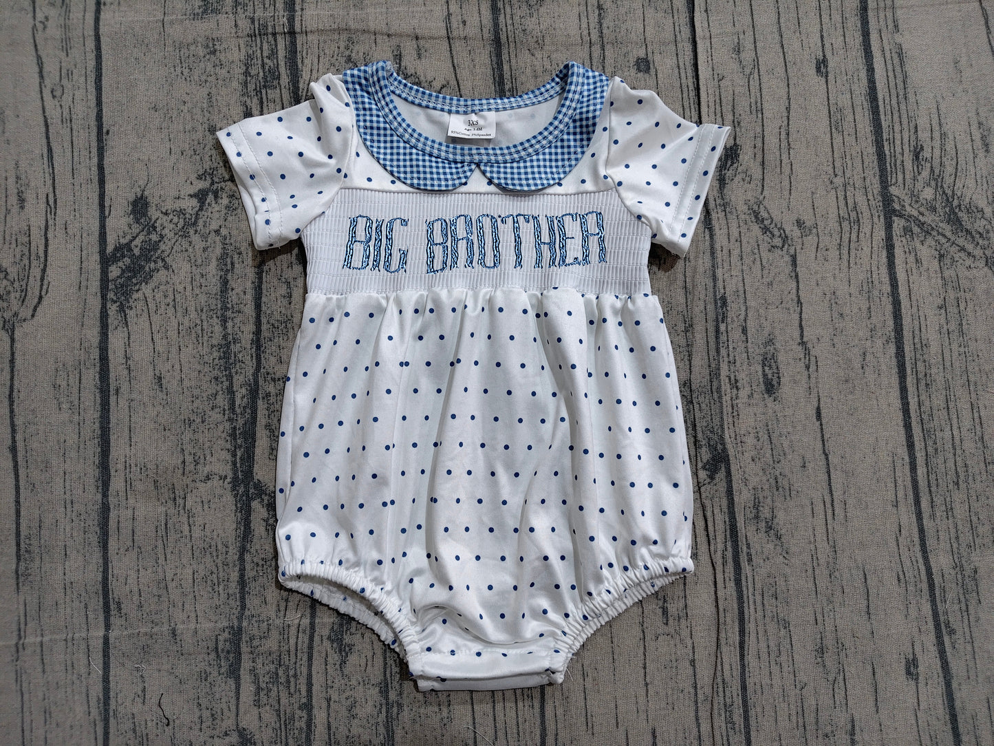 ( No moq ) Preorder Baby Boys Infant Short Sleeves Embroidery Big Brother Smocked Bubble Romper