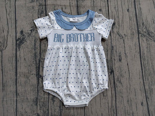 ( No moq ) Preorder Baby Boys Infant Short Sleeves Embroidery Big Brother Smocked Bubble Romper