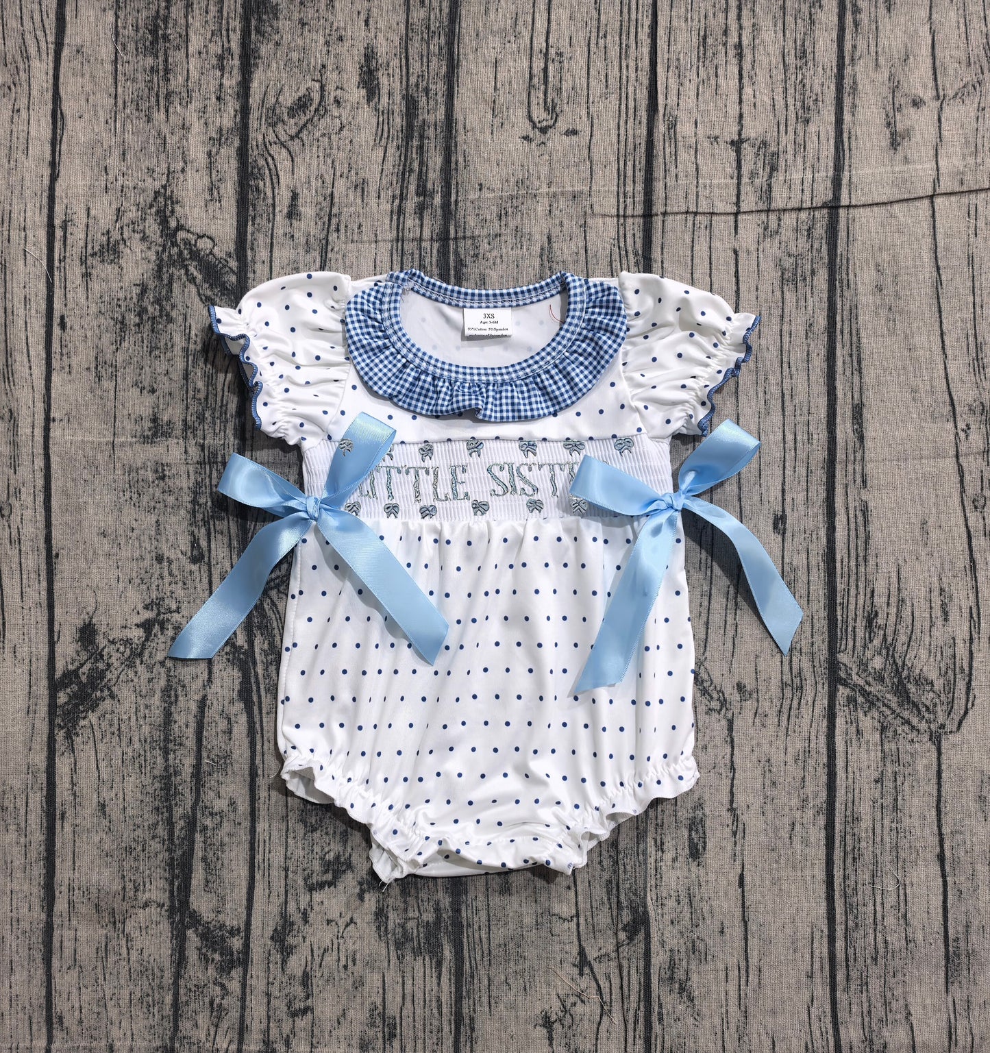 ( No moq ) Preorder Baby Girls Infant Embroidery Smocked Little Sister Bows Bubble Romper