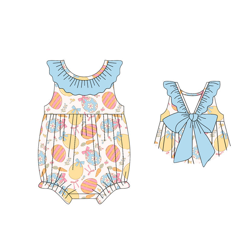 ( Moq 5 ) Preorder Baby Girls Infant Eggs Bows Flower Easter Blue Ruffle Bubble Romper