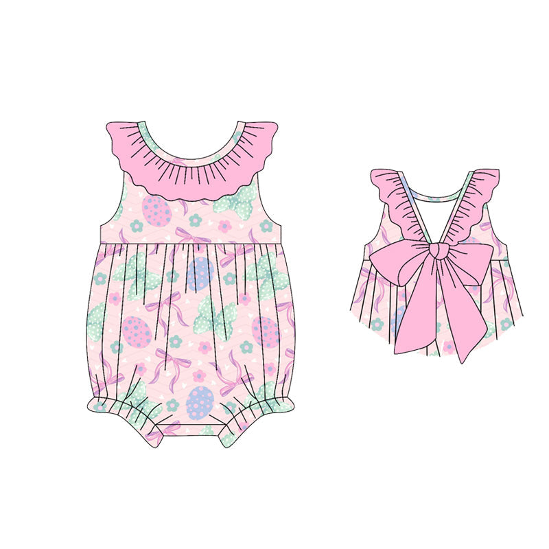 ( Moq 5 ) Preorder Baby Girls Infant Eggs Pink Bows Flower Easter Ruffle Bubble Romper