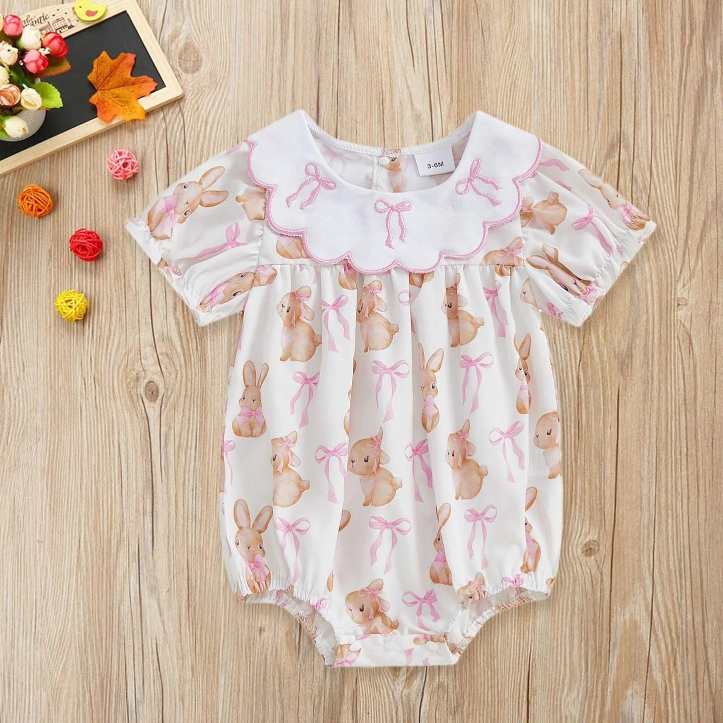 ( Moq 5 ) Preorder Baby Girls Infant Short Sleeves Rabbits Bows Easter Bubble Romper