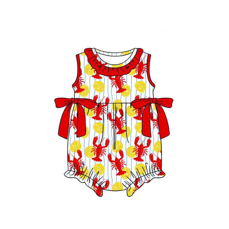 ( Moq 5 ) Preorder Baby Girls Kids Sleeveless Crawfish Lemons Red Bows Bubble Romper